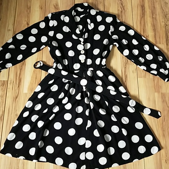 Vintage 80s Polka Dot Pin Up Style Shirtwaist Dress Medium - Picture 2 of 7